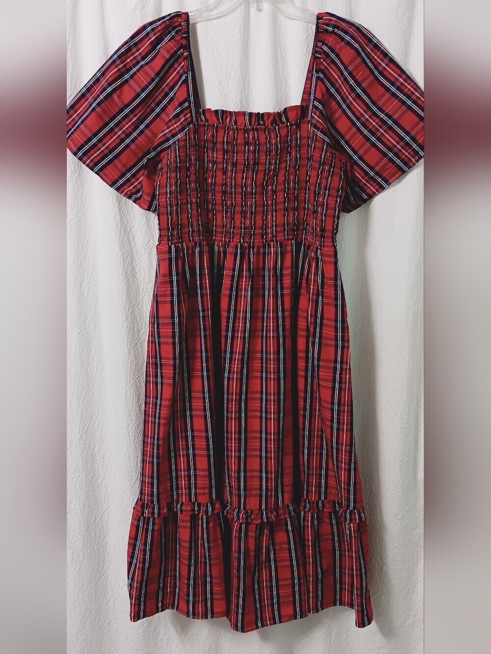 DRAPR JAMES Red Plaid Smocked Midi Dress  Size L - Picture 3 of 12